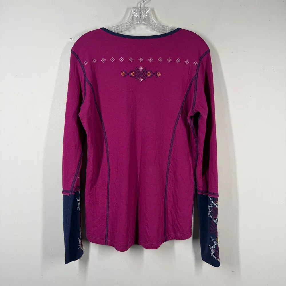 AlpnRock Womens Magenta Organic Cotton Embroidered Henley Long Sleeve Top L